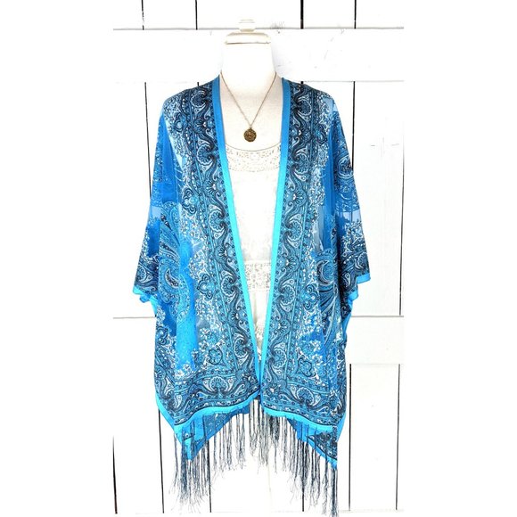 Blue paisley sheer stretch jersey burnout kimono cardigan jacket cover up - Picture 2 of 6